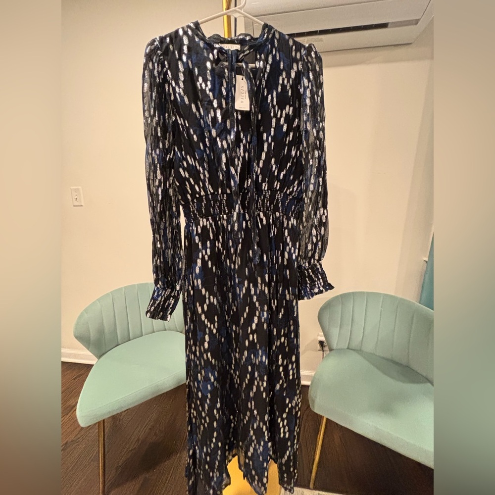 Modest Black and Blue Long Sleeve Tie-Neck Maxi Dress with Metallic details